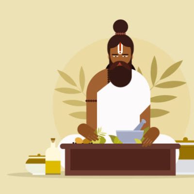 Illustration of an ancient Ayurveda parcticioner with herbal ingredients